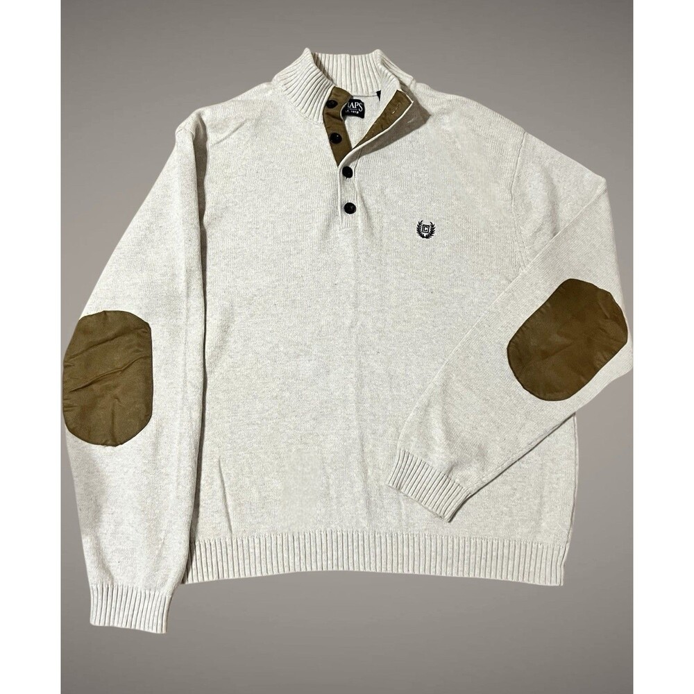 Chaps by Ralph Lauren Oatmeal Beige 1/4 Button Mock Neck Pullover Sweater XL